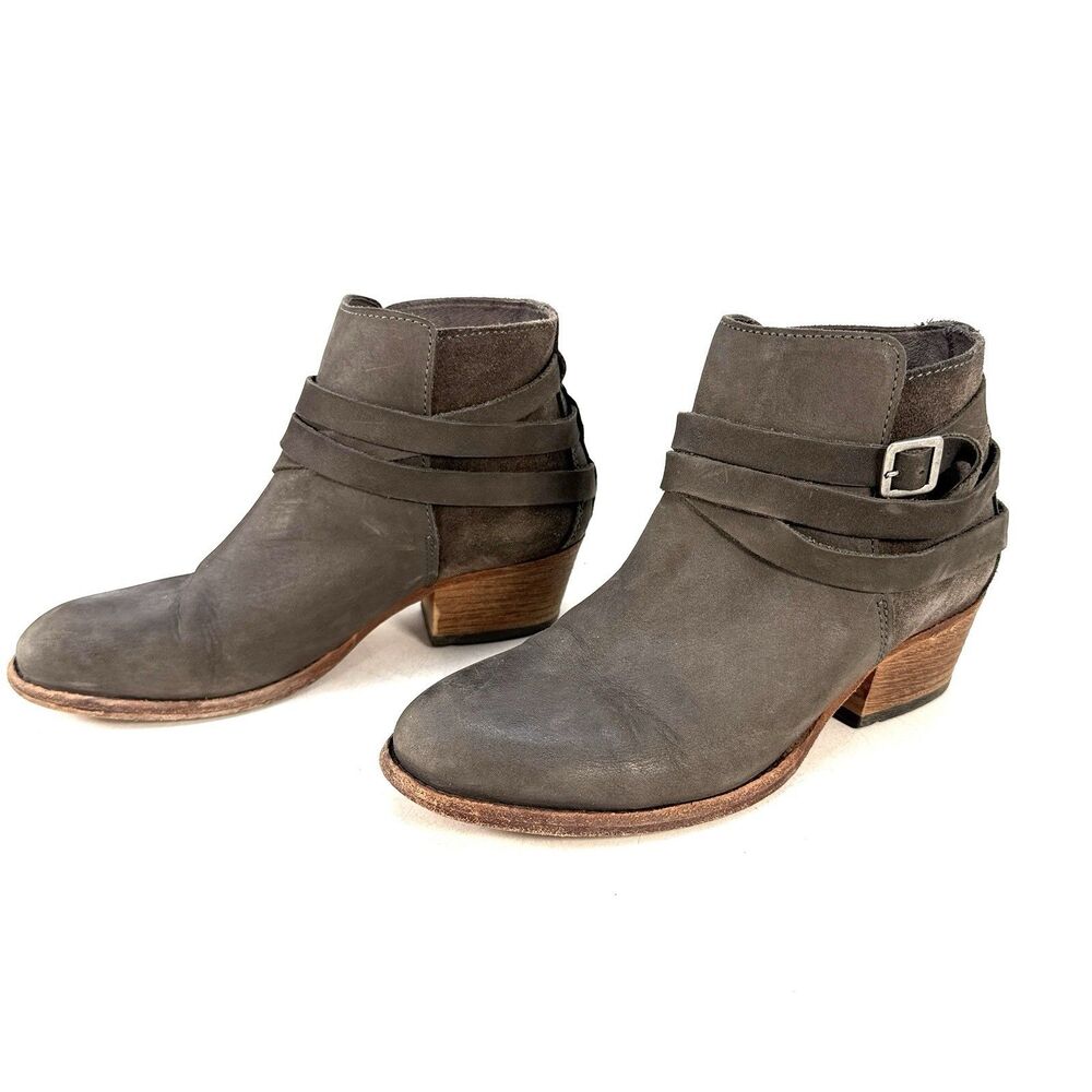 H By Hudson Horrigan Ankle Boots Gray Leather Straps Block Heel Sz 39/8.5